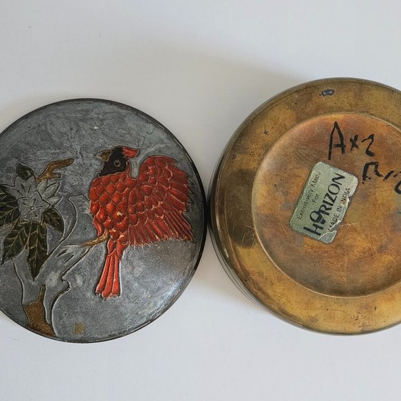 Horizon Enamel Bird and Gold Brass Round Trinket Box Made in India - Picture 5 of 7